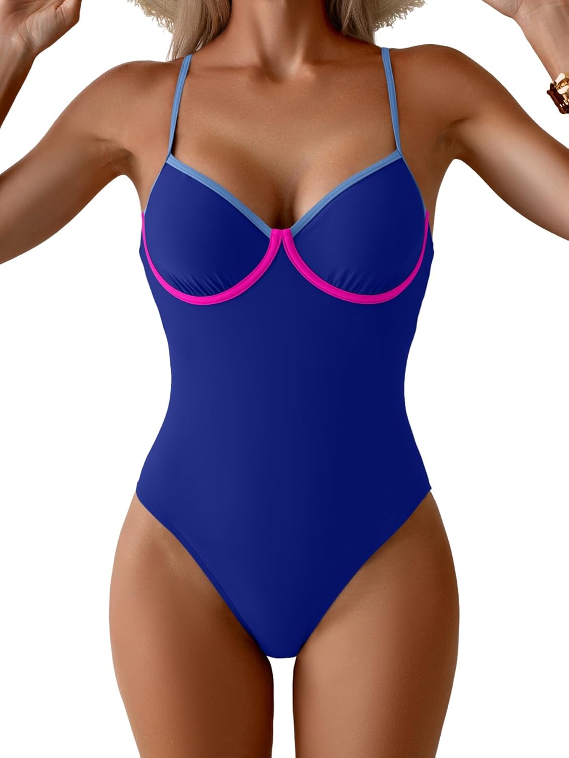 Eomenie Womens Swimsuit Tummy Control Slimming One Piece Bathing Suit Color Block Spaghetti Straps Swimwear with High Cut