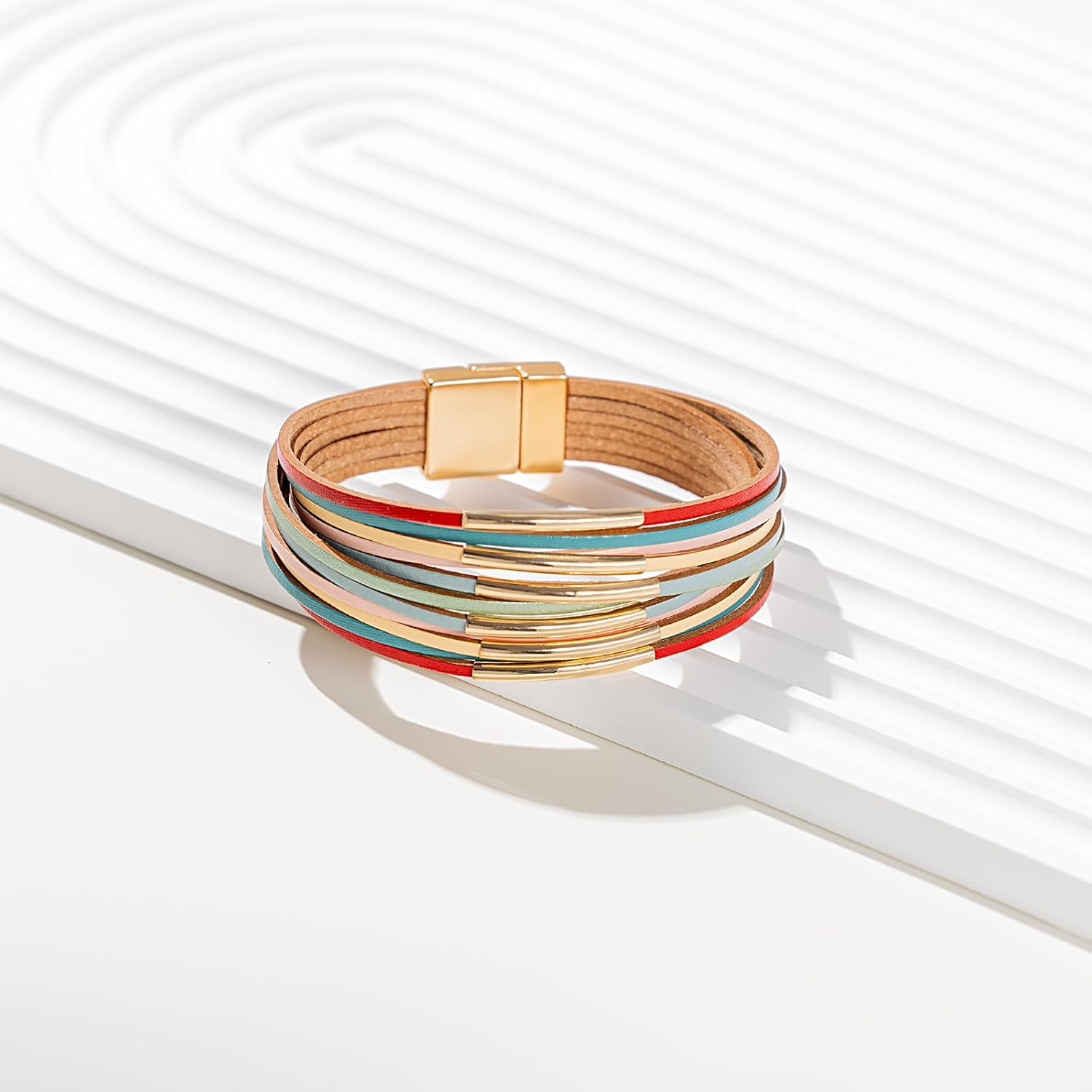 FANCY SHINY Boho Leather Bangle Bracelets Stackable Noodle Tube Bracelets Layered Wrap Cuff Bracelets with Magnetic Clasp - Image 5