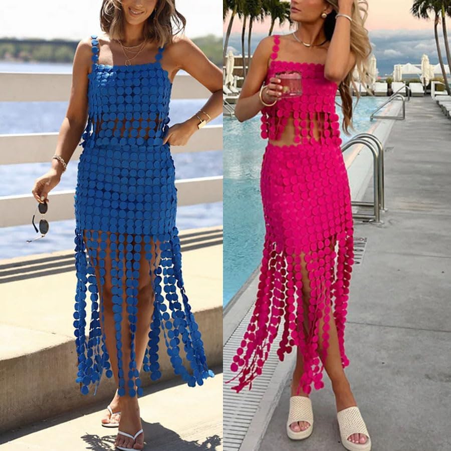 2 Piece Sets for Women Boho Fringe Hem Camisole Top with Midi Skirt Beach Vacation Cruise Outfits