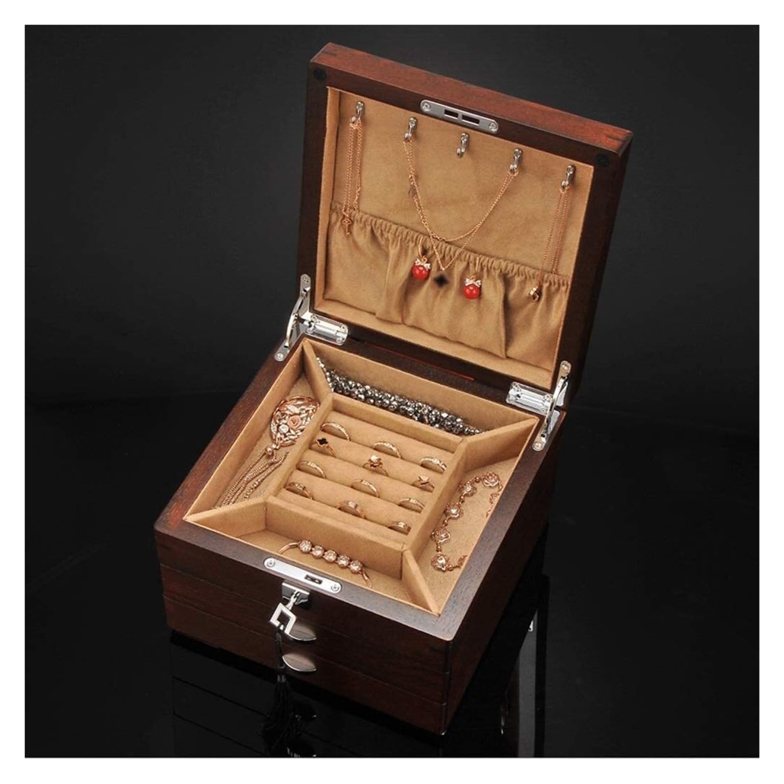 XBTGS Schmuckschatullen mit Schlüssel und 2 Schubladen, 3-lagig, Schmuck-Organizer-Box für Frauen, Geschenk, handgefertigtes Schmuckzubehör,