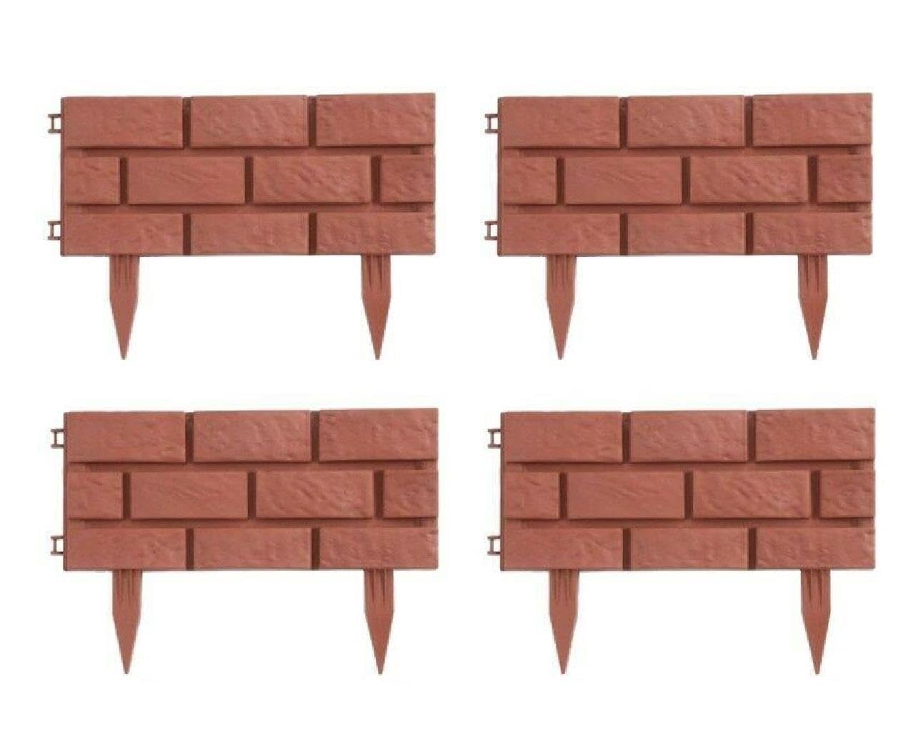 Garden Edging Lawn Flowerbed Border Fence Patio Fencing Landscape Weather Resist Hammer In Easy to Mount (4Pk Brick Effect Fence (Terracotta))