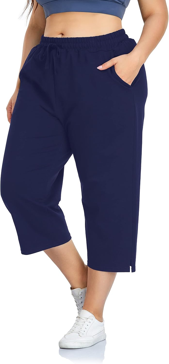 ZERDOCEAN Women's Plus Size Active Yoga Sweatpants Cotton Jersey Capris Athletic Crop Pants with Pockets Drawstring - Image 2