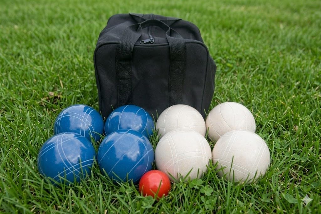 BuyBocceBalls Listing - Made in USA, Premium Quality Tournament Bocce Set - 110mm Blue and White Balls, Nylon Black Bag, 998 Grams (2 lbs. 3.2 oz.). Various Bag Colors