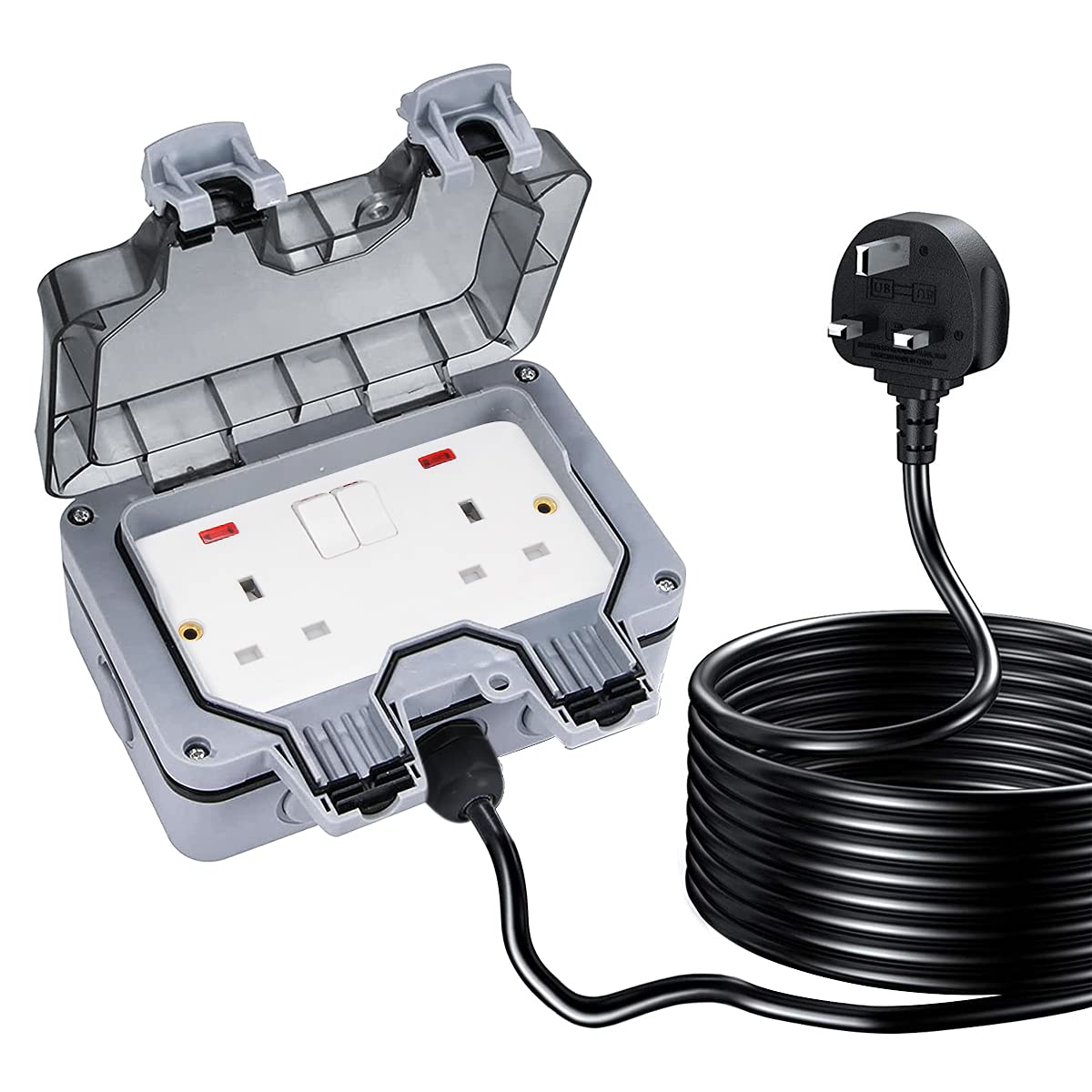 Cable de extensión impermeable para jardín, 10 m, IP66, 2 vías, resistente a la intemperie, doble interruptor, uso exterior