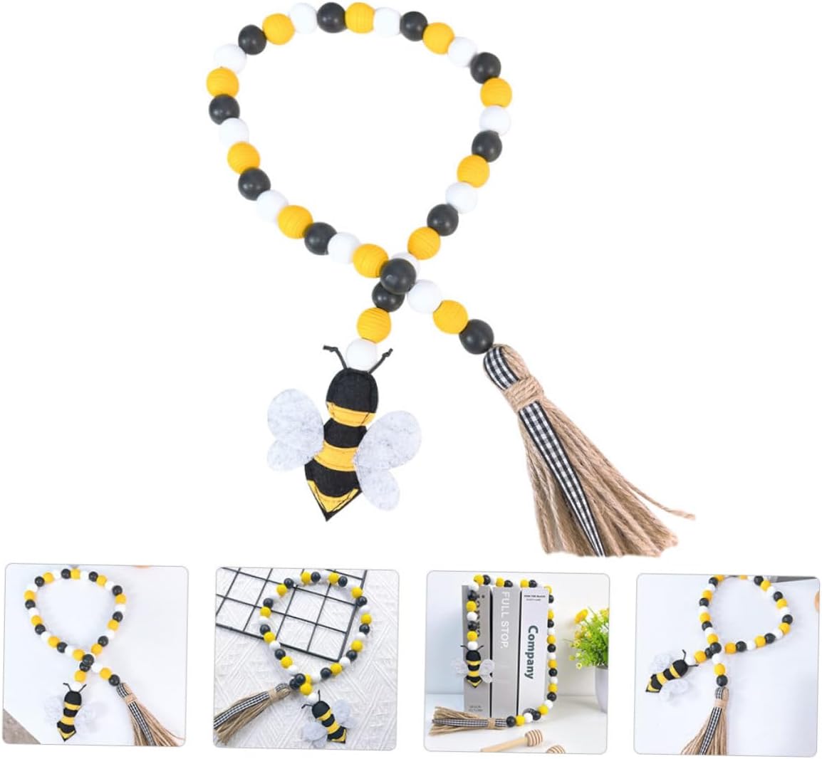 Bee Festival Wooden Bead String Garland with Tassels, Natural Wood Material, Rustic Home Wall Hanging Decor for Farmhouse and Festival Decorations