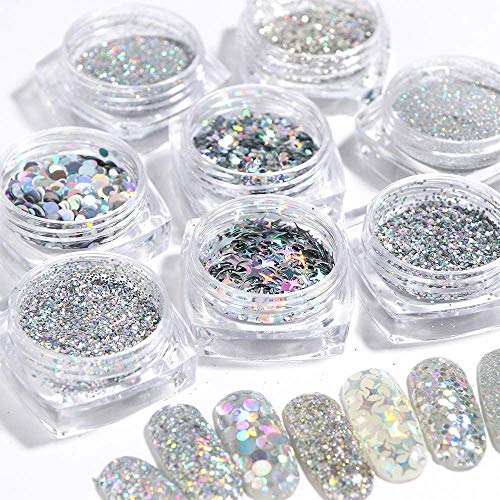 Holographic Nail Art Glitters Sequins 3D Nails Glitter Flakes Nail Art Supplies Shiny Silver Acrylic Nails Powder Dust Confetti Nail Sparkle Glitter For Nails Decoration Manicure Accessories 8 Boxes #TOP4