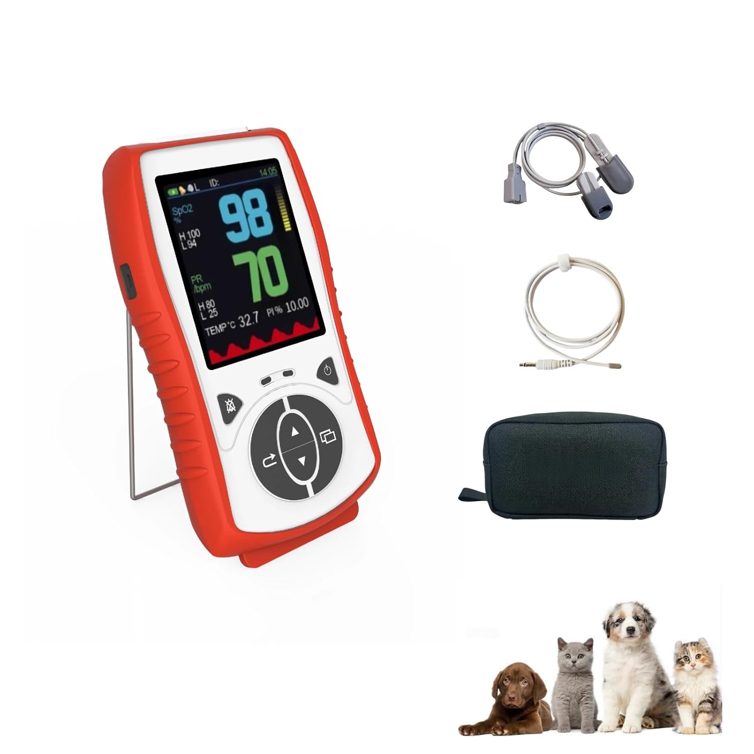 Vet Pulse Oximeter Handheld Oximeter with 2.8" LCD, Pet Vital Signs Monitor for SpO2 / Heart Rate/TEMP, Rechargeable Battery - Veterinary Use for Dogs, Cats, Horses (Bundle with Pouch)