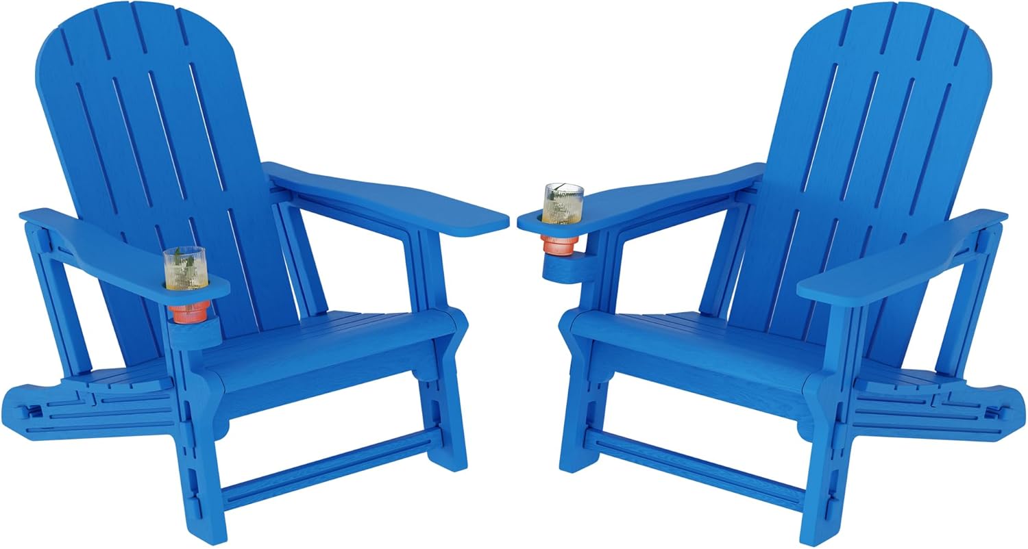 Shintenchi Adirondack Chairs Set of 2,HDPE Adirondack Chairs w/Removable Tablelop & Umbrella Hole,All-Weather Wooden Textured Plastic Outdoor Chairs w/Cup Holders for Garden Backyard Pool,Blue
