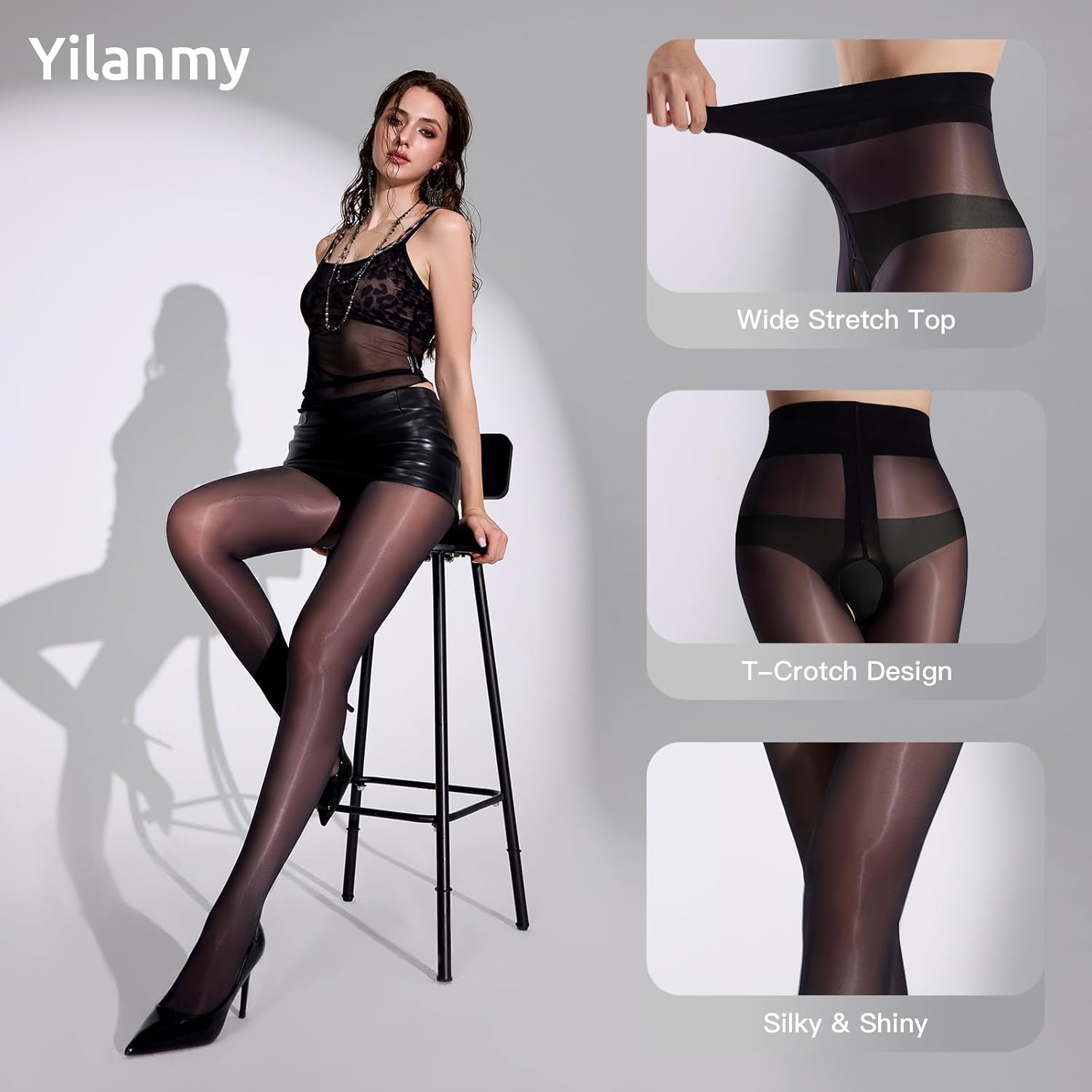 Yilanmy 2 Pairs Shiny Sheer Tights for Women Oil Shimmer Pantyhose Control Top Glossy Stockings - Image 2