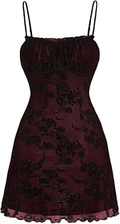 90s red dress with black mesh overlay WDIRARA Women's Floral Print Mini Y2K Vintage Goth Cami Dresses 5 Black Leather Dress Occasion_Wedding Guest Size:Size 4