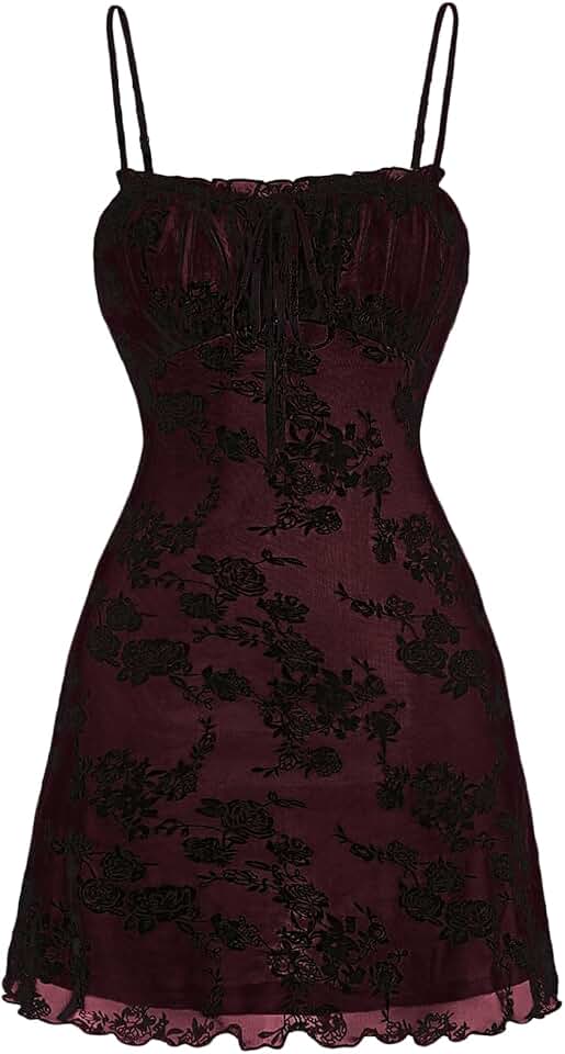 WDIRARA Women&#x27;s Floral Print Mini Dress Y2K Vintage 90s Goth Mesh Short Cami Dresses