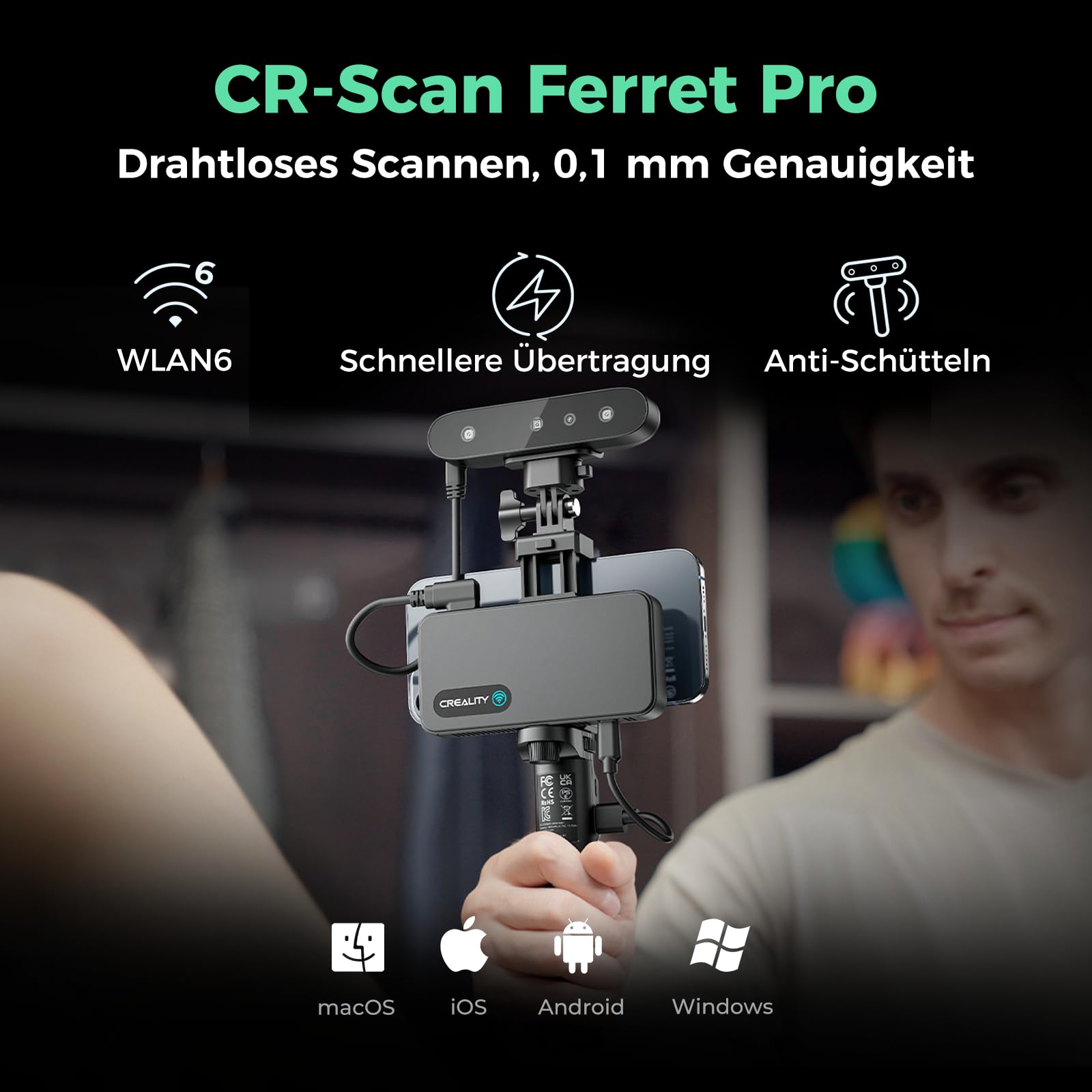 Creality Skaner 3D CR-Scan Ferret Pro do druku 3D, skaner ręczny z bezprzewodowym skanowaniem i śledzeniem zapobiegającym wstrząsom, ulepszenie do szybkiego skanowania pełnokolorowego, dokładność 0,1