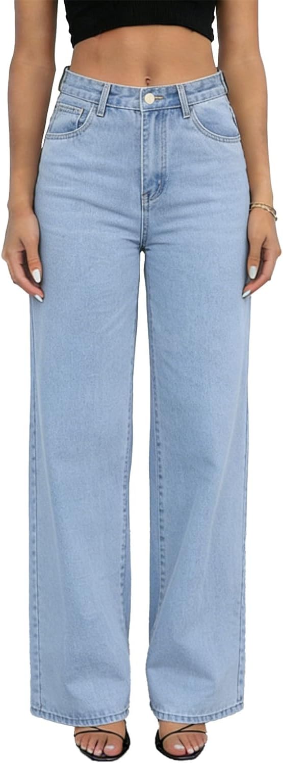 Womens Straight Leg Jeans High Waisted Stretch Wide Leg Jeans Casual Loose Baggy Denim Pants Trousers Streetwear