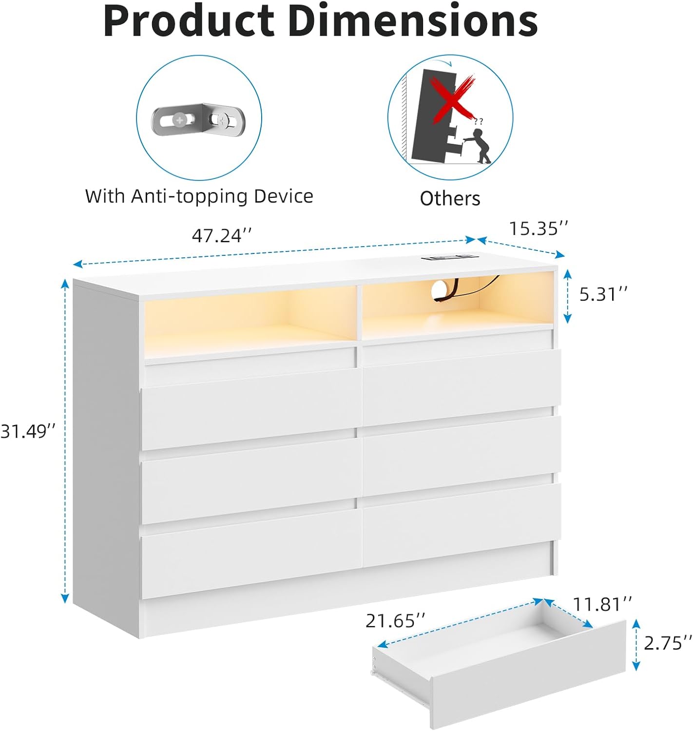 Diagram showing the dimensions of the dresser and an illustration of the anti-tipping device.