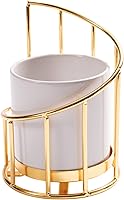 Vista 2 de Soporte de bolígrafo blanco y dorado para escritorio, vaso de lápices, soporte de cerámica con marco de metal, soporte para brochas de maquillaje