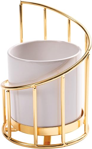 Miniatura 2 de Soporte de bolígrafo blanco y dorado para escritorio, vaso de lápices, soporte de cerámica con marco de metal, soporte para brochas de maquillaje