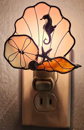 na Sea Shell Night Light Stained Glass with Seahorse, Sand Dollar, Starfish Design Coastal Nightlight with 5W Bulb Plug-in Accent Light by Juhlin Glass Studio - 1Piece