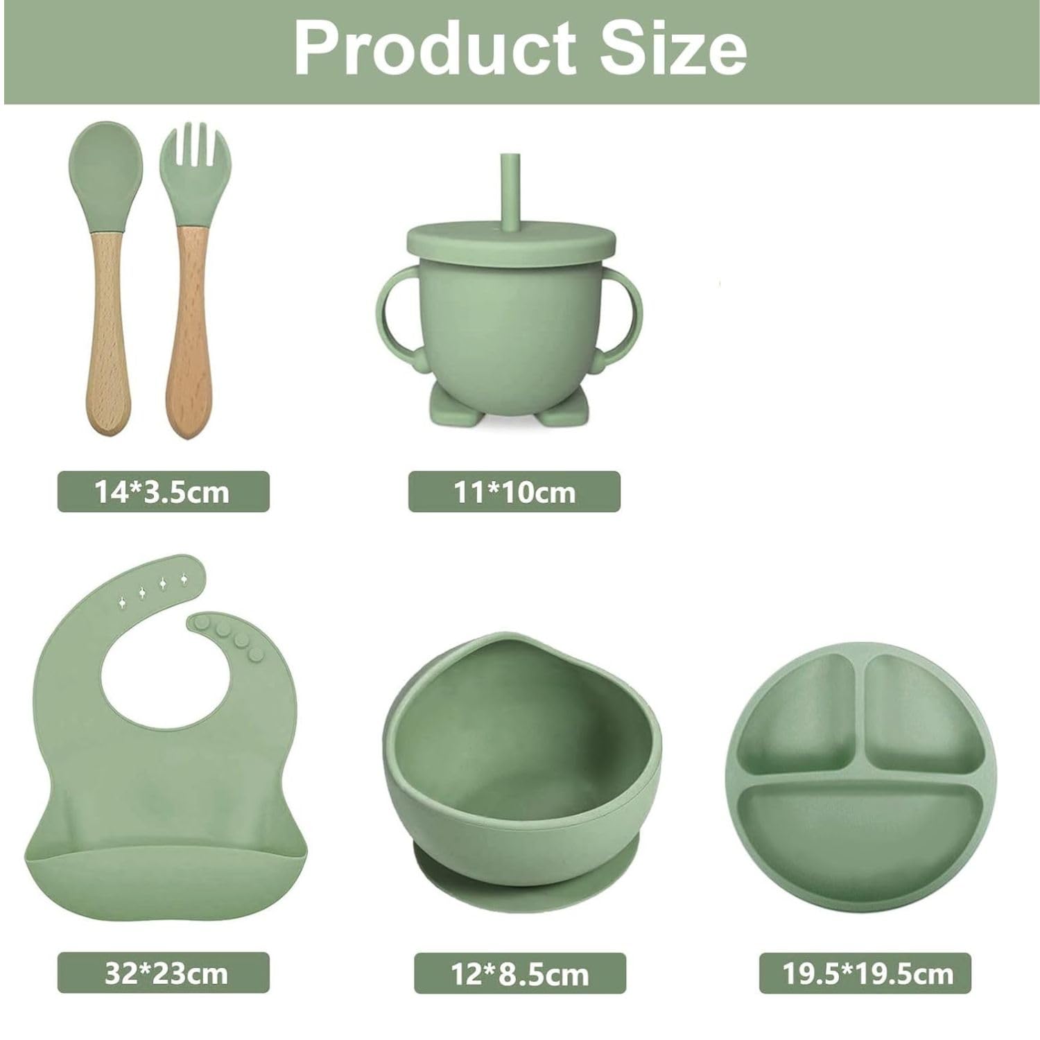 SHIKSHA PATRI 6PCS Silicone Baby Feeding Set – Suction Plate, Bowl   , Bib, Spoon, Fork, Cup – BPA-Free, Non-Toxic, Microwave & Dishwasher Safe for Toddlers 6+ Months (Green) - Image 2 thumbnail