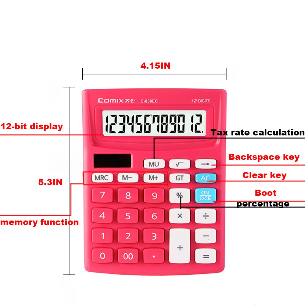 Calculatrice De Bureau électronique Avec Grand écran à 12 Chiffres, Batterie Solaire Et Bouton Double Alimentation Standard, Grand écran à 12 Chiffres, Calculatrice De Bureau Portable (rouge 2