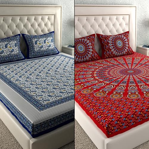 Image of LA VERNE Combo Pack of 2 Double Bedsheet with 4 Pillow Covers | Cotton Double Flat 104 TC Jaipuri Prints Bedsheet 240 X 220 CM (Multicolor 1)