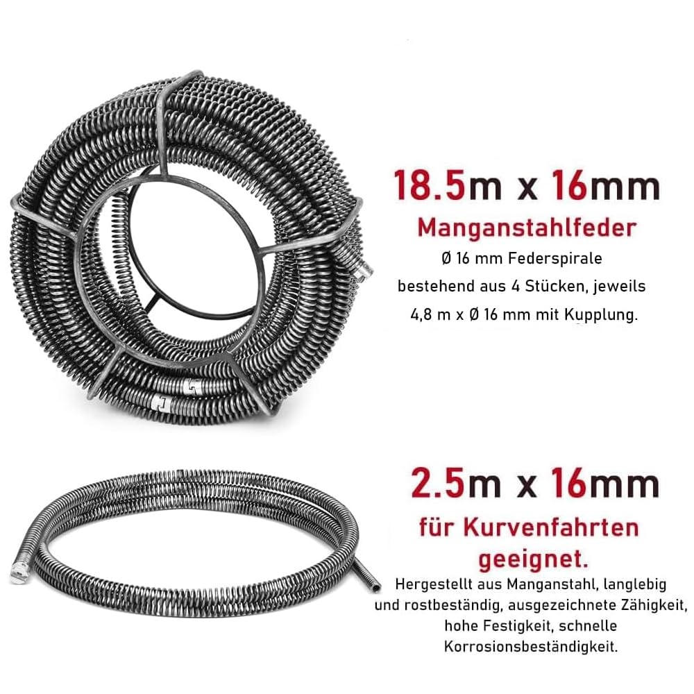 XIIW Sturatubi Elettrico 500W – 26m Spirali Φ16/9mm con Giunti Rapidi – Comando CW/CCW – Molla per Disostruzione Scarico Ø30-100mm – Lavandino, Doccia, Fognatura