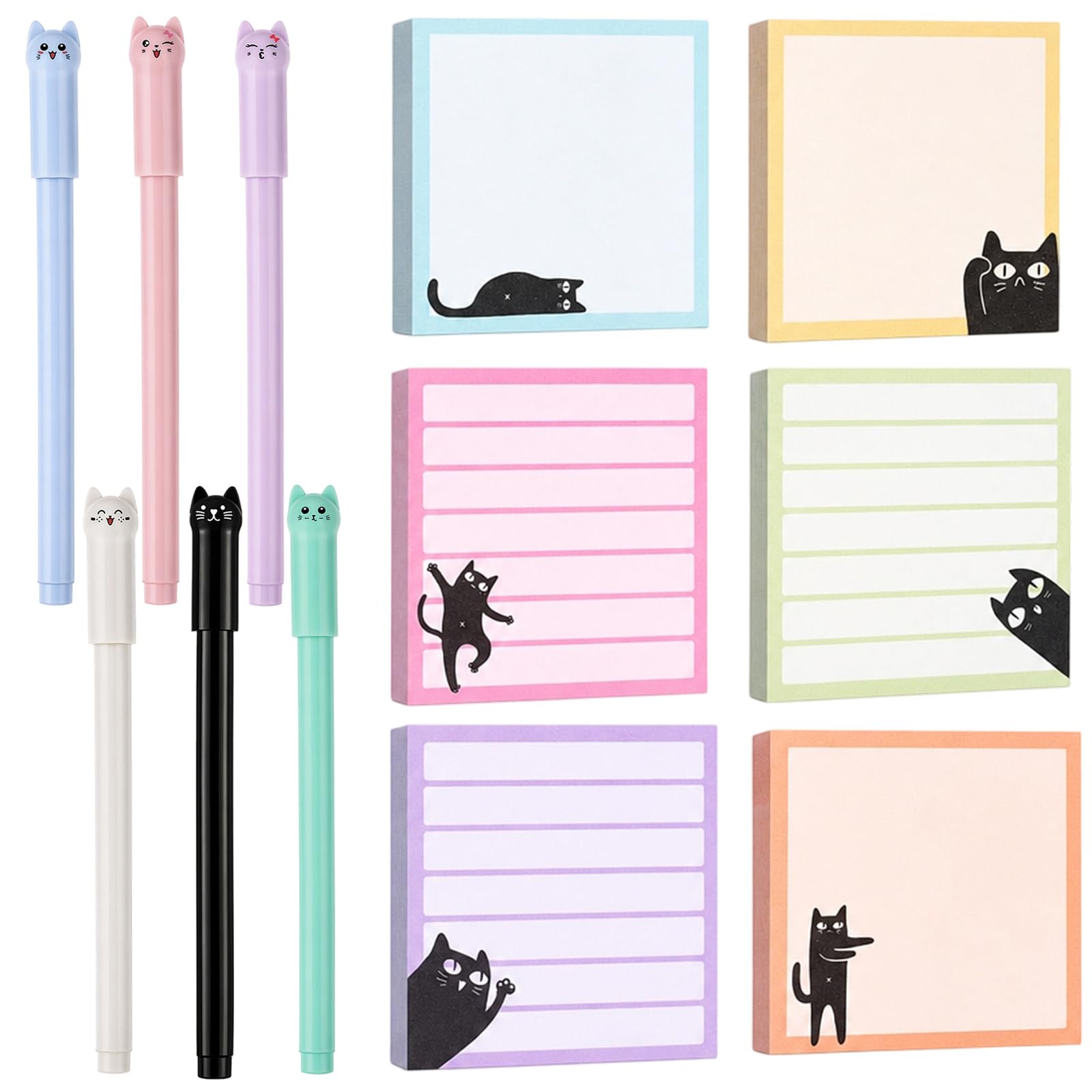 IAndhy 12 Pcs Cat Stationery Set with Cute Sticky Notes and Cat Pens, Ideal for Daily Planning and Office Organisation, Includes 6 Notepads and 6 Writing Instruments