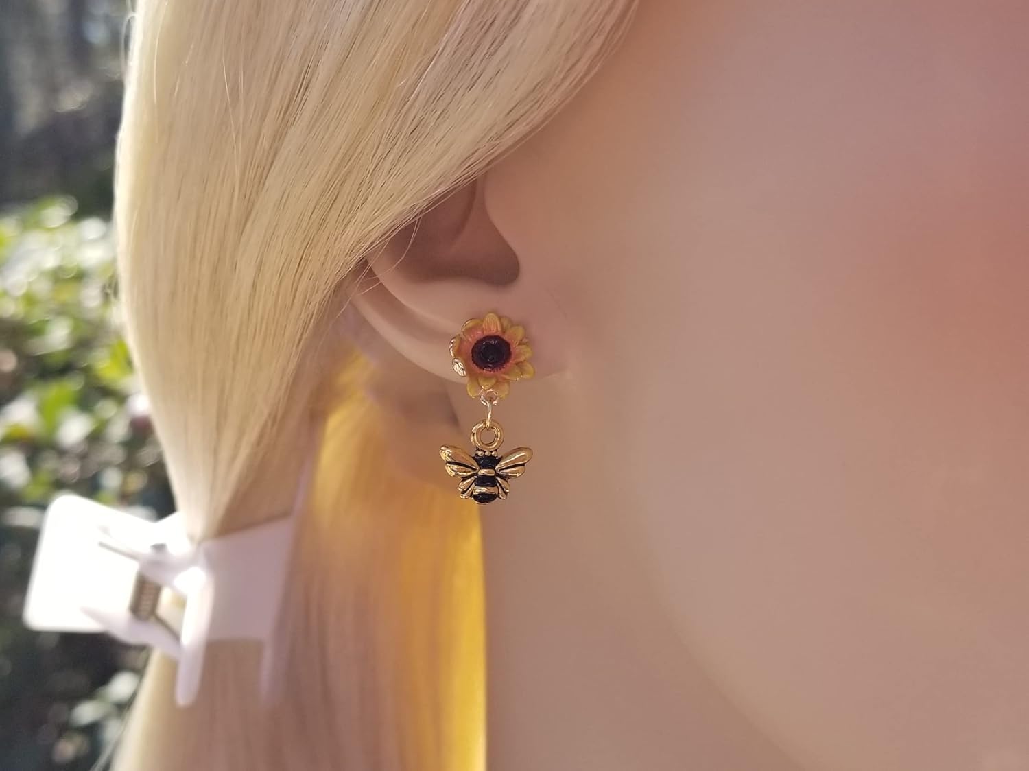 Mini Sunflower Honey Bees Post Earrings Handpainted - Cute Small Stud Yellow Gold Sunny Flower w Dangle- Quality Handmade Gift w Bumble Bee