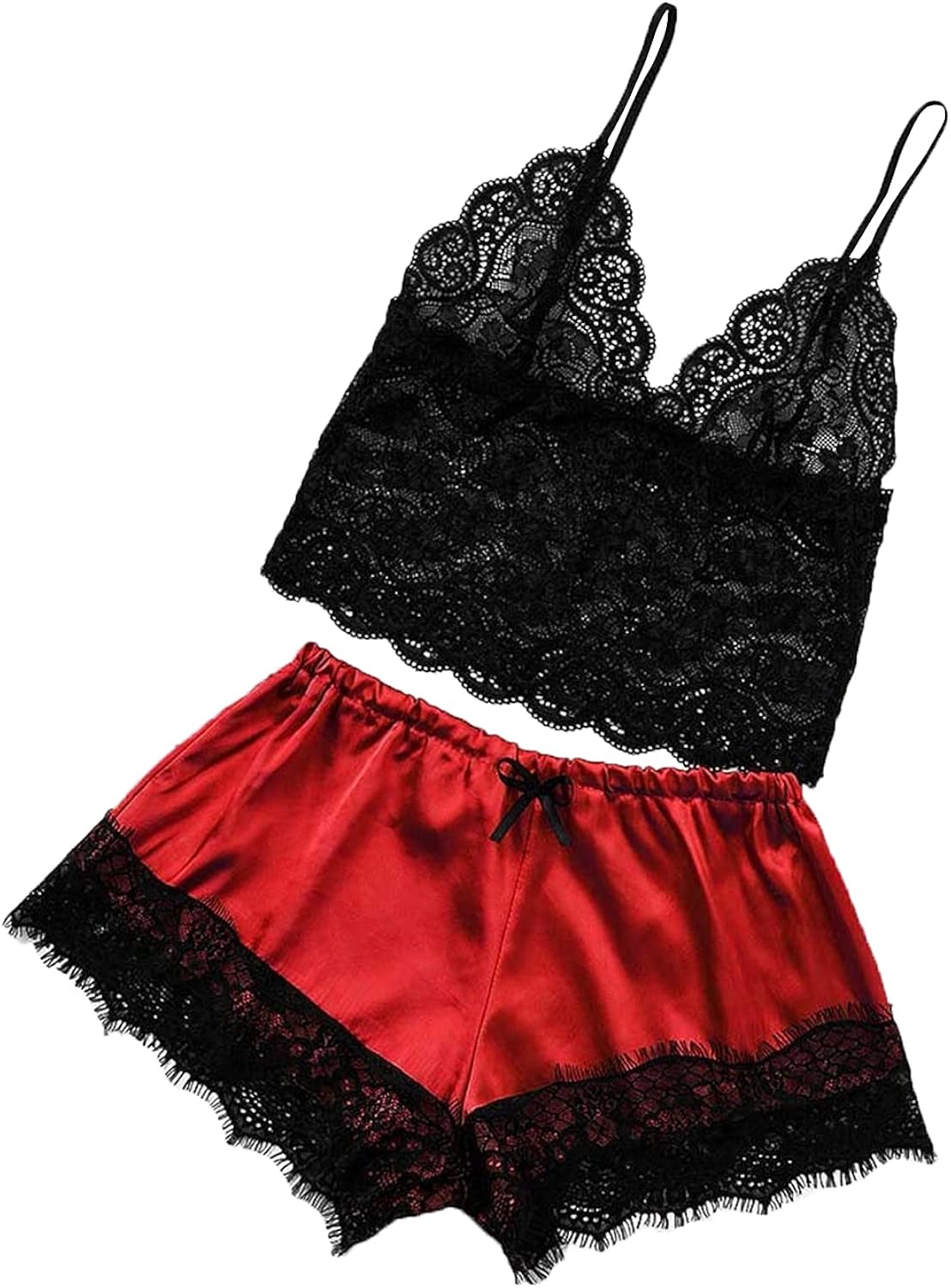 Women's Sexy Floral Lace 2 Piece Sleepwear Satin Cami Shorts Set Pajamas Floral Lace Camisole Nightwear Sets : Clothing, Shoes & Jewelry
