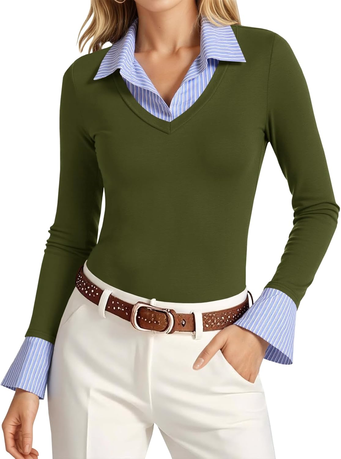 Tankaneo Womens Long Sleeve Polo Shirts Business Casual Work Tops Slim Fit V Neck Collared Patchwork Fall Outfits