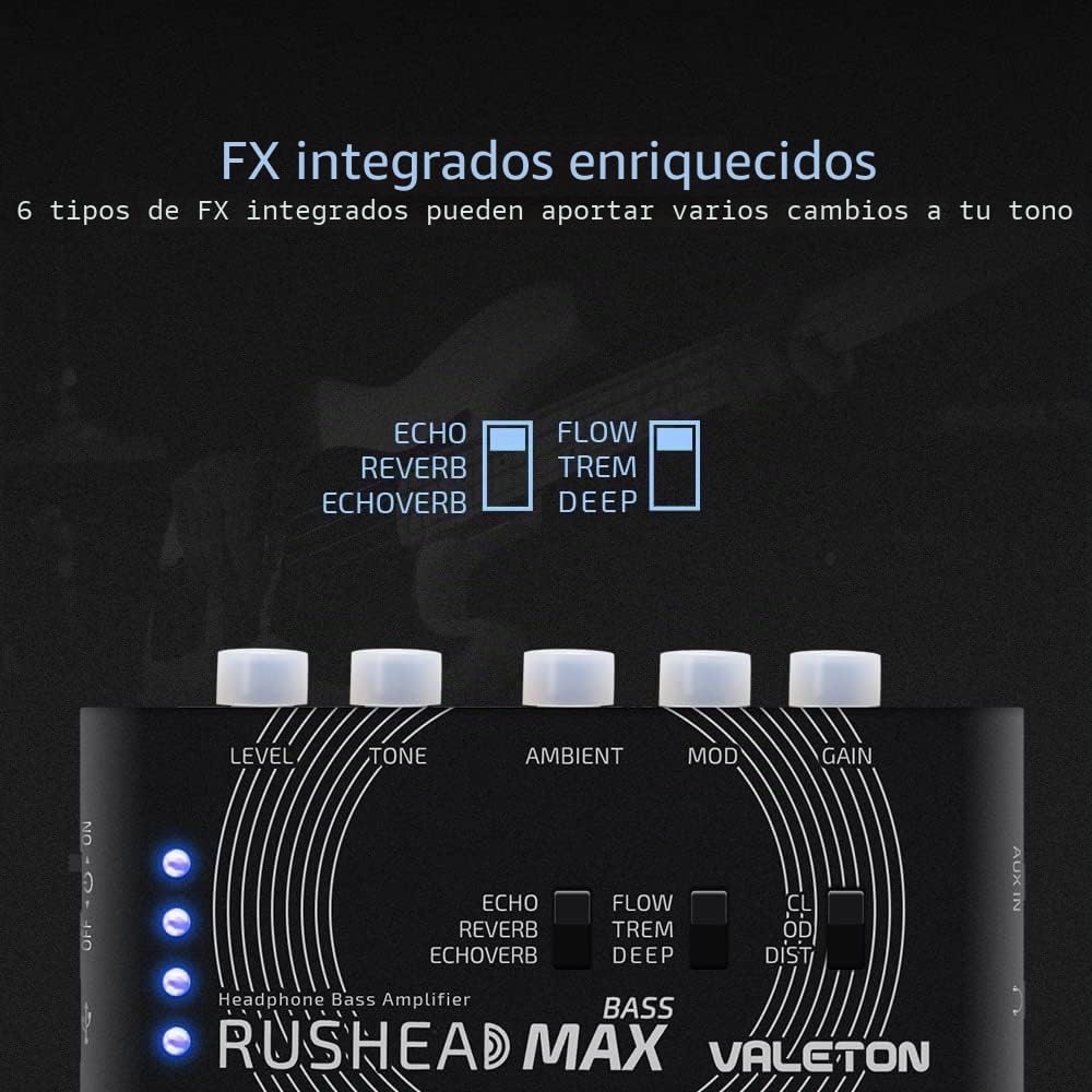 Valeton Rushead Max Amplificador para bajo de auriculares de bolsillo portátil cargador USB Bass multiefectos
