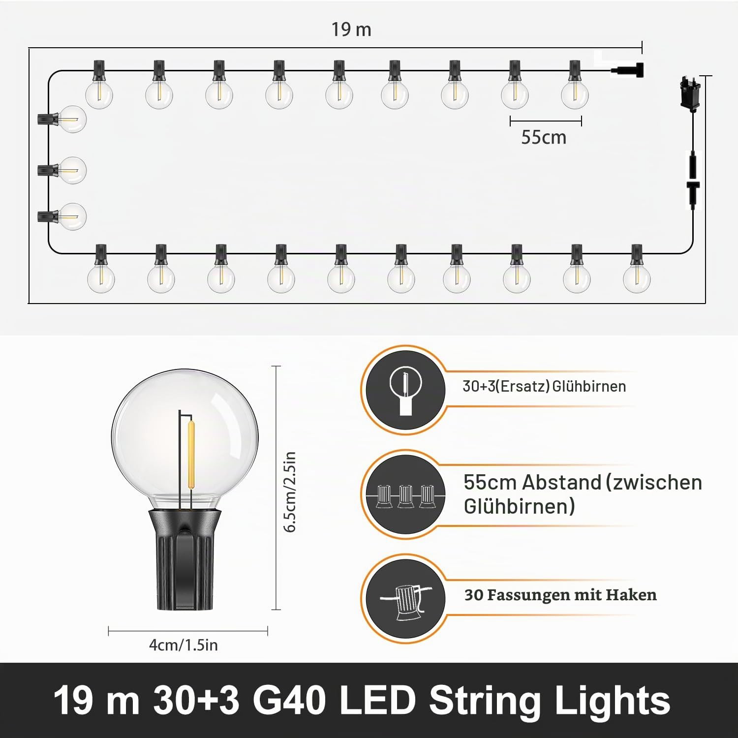 Lichterkette Außen Outdoor Strom Led Glühbirnen - 19M Lichterketten Garten mit G40 30+3 Glühbirnen Plastik Beleuchtung IP44 Wasserdicht String Lights für Außen & Innen Terrasse, Party, Balkon