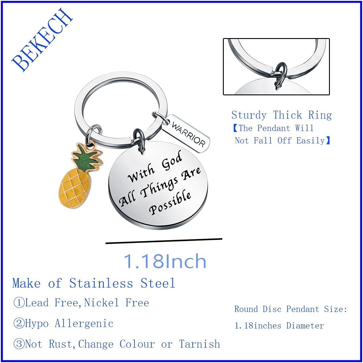 BEKECH IVF Support Gift IVF Infertility Pineapple Charm Keychain With God All Things Are Possible IVF IUI Gift image 2