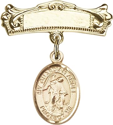 Gold Filled Baby Badge with Guardian Angel Charm and Arched Polished Badge Pin 7/8 X 3/4 inches