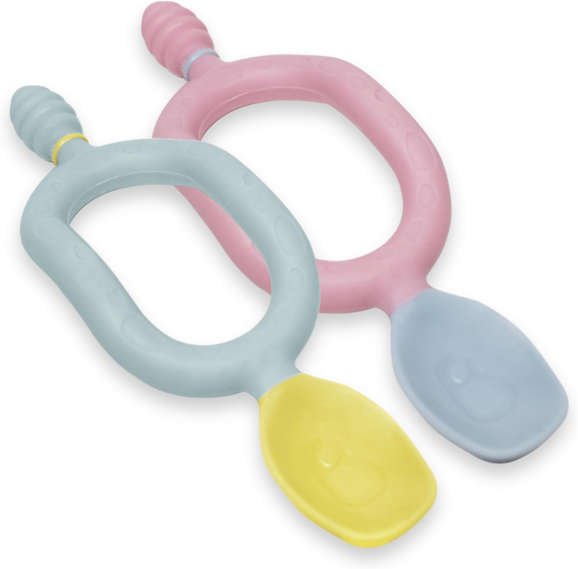 Bibado - Dippit Baby Spoon and Dipper, Pink & Grey (2-Pack) - Soft, Chewable Dipper & Deep Spoon - Two-Hand, Sensory Grip - Baby Weaning Set - Weaning Spoons - Baby Gifts - Baby Essentials - 6 Months+
