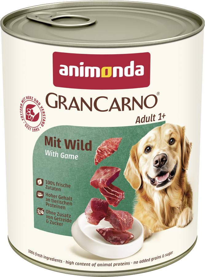 animonda GranCarno Hunde Nassfutter mit Wild (6 x 800 g), getreidefreies Hundenassfutter ohne Zucker, für ausgewachsene Hunde, mit frischen fleischigen Zutaten