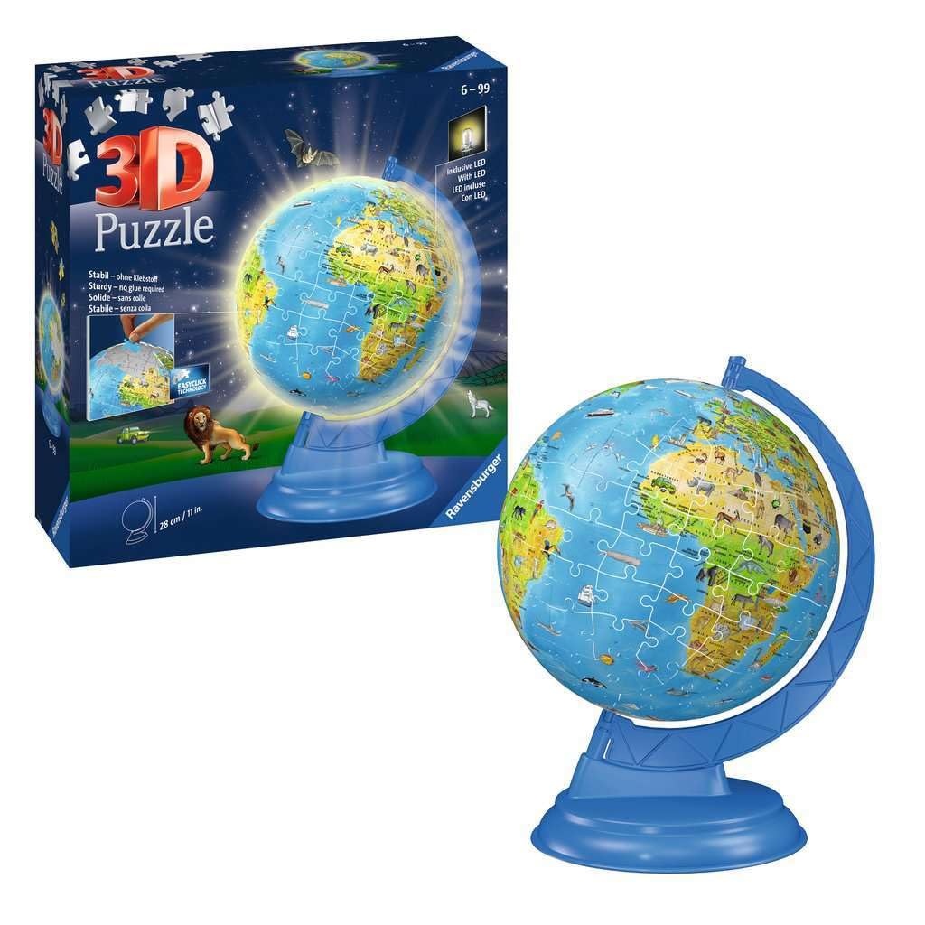 Ravensburger 3D Puzzle 11274 - Kinderglobus mit Licht in deutscher Sprache - 180 Teile - Beleuchteter Globus für Kinder ab 6 Jahren: Erlebe Puzzeln in der 3. Dimension