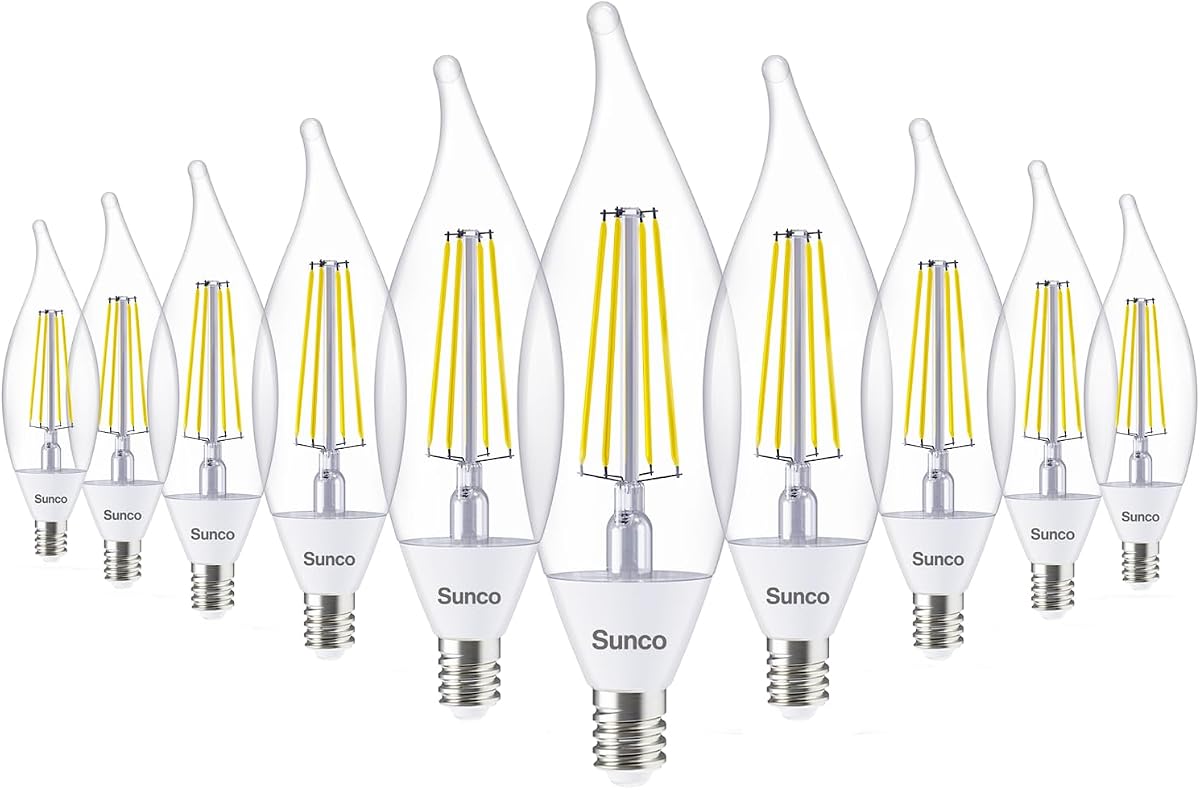 Sunco 10 Pack CA11 Candelabra LED Light Bulbs, E12, Dusk to Dawn, 5W=40W | 500LM, 2700K, 5W (40W Equivalent), E12 Small Base, Photocell Sensor, CRI90, Candle Flame Tip, Decorative Filament, Outdoor