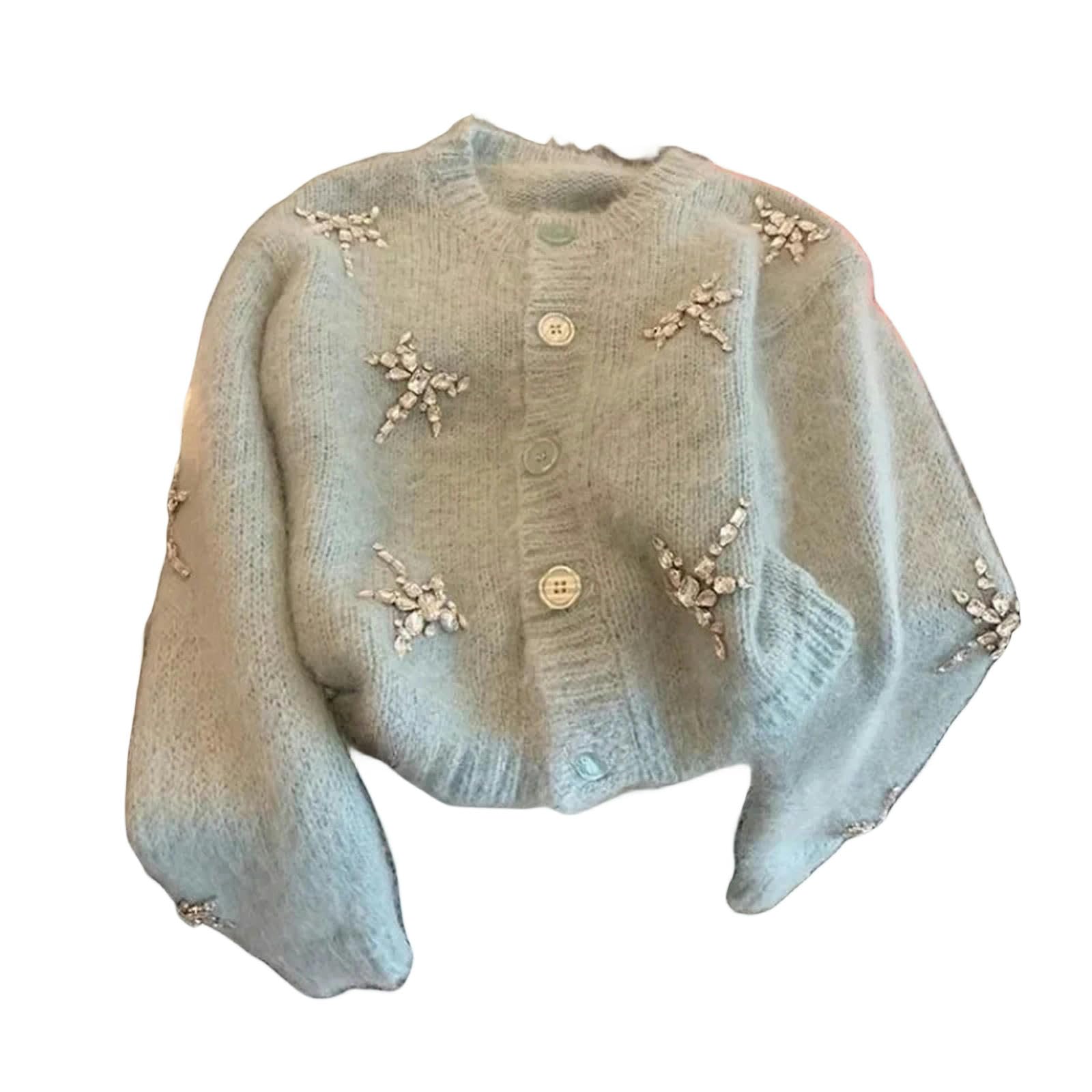 Sweter dla kobiet niebieski dzianinowy kardigan damski jesienny okrągły dekolt z długim rękawem delikatny miękki krótki sweter kurtka Mujer