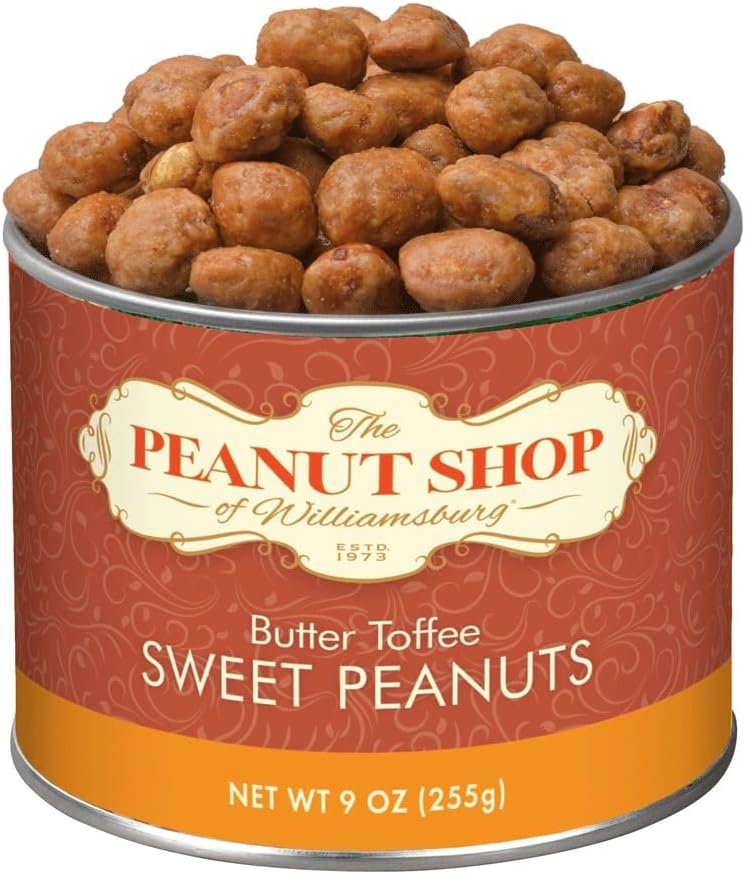 The Peanut Shop of Williamsburg Butter Toffee Toasted Williamsburg Virginia Peanuts, Handcooked, Gluten Free, Kosher Certified - 9 Oz Tin
