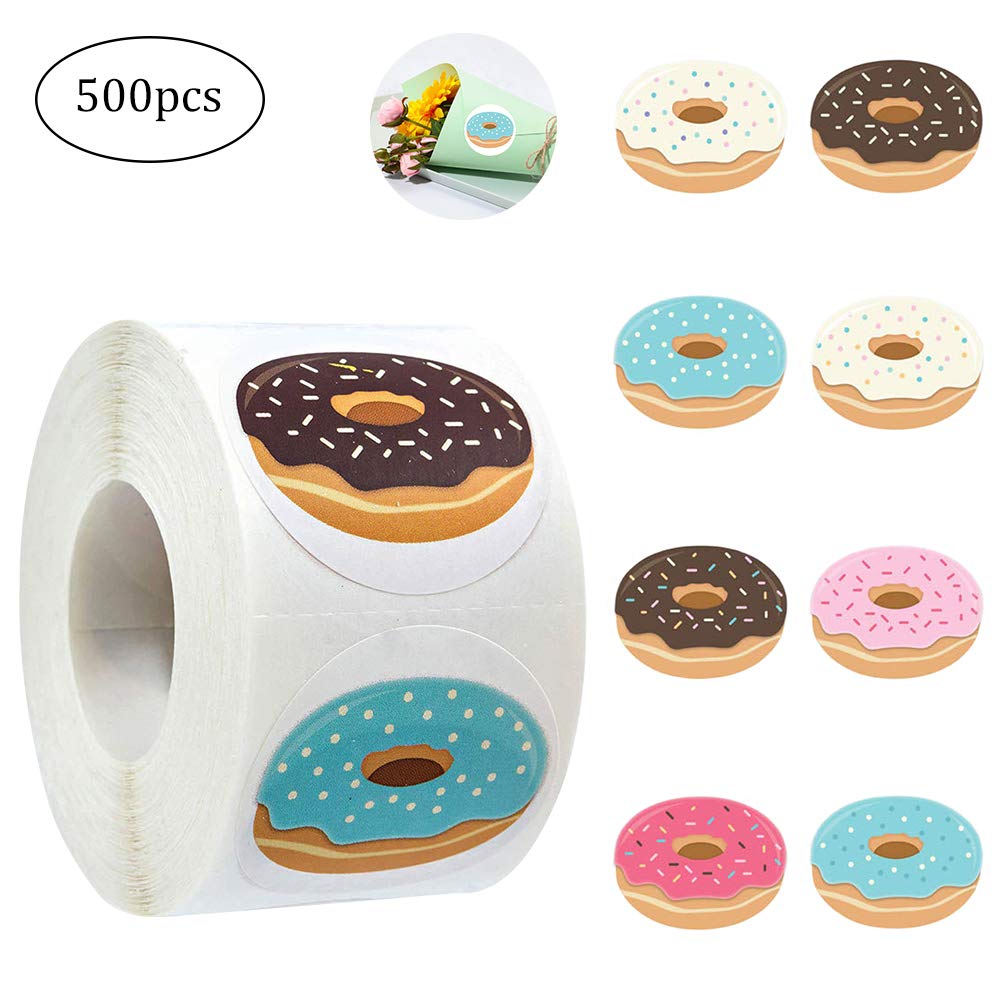 500pcs DIY Donut Stickers Gift Wrapping Stickers Roll Gift Tag Stickers Self Adhesive Labels Bakery Packaging Label for Kids Home