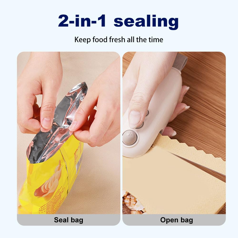 Mini sellador de bolsas 2026, sellador de bolsas pequeñas recargable 2 en 1 para sellar y cortar, sellador portátil de almacenamiento de alimentos al vacío para bolsas de aperitivos, bolsas de patatas