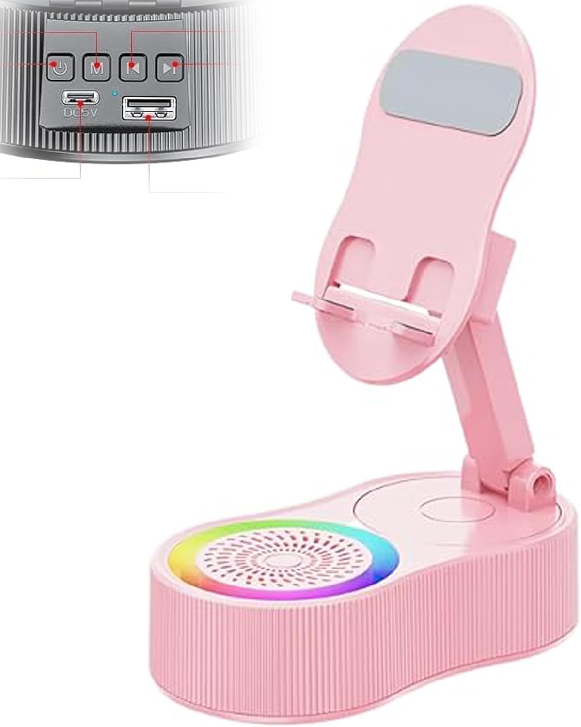 Sonicdrop Dock,Speaker Charging Stand,LED 360 Degree Rotation 7 Colors Light,Adjustable Phone Holder,Wireless Induction Audio Bluetooth Speaker,Drop to Play Sound,No Pairing Needed (Pink)
