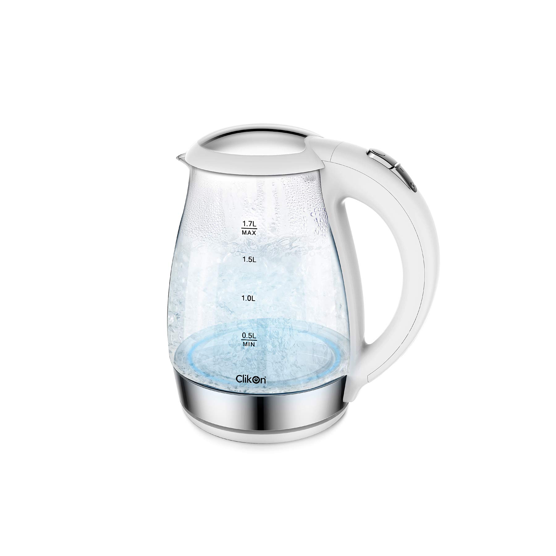 ClikonGlass Body Electric Cordless Kettle with 360° Swivel Base, Power Cord Storage, Auto Cut-off Function, Boil Dry Protection, LED Indicator (White, Clear Glass)
