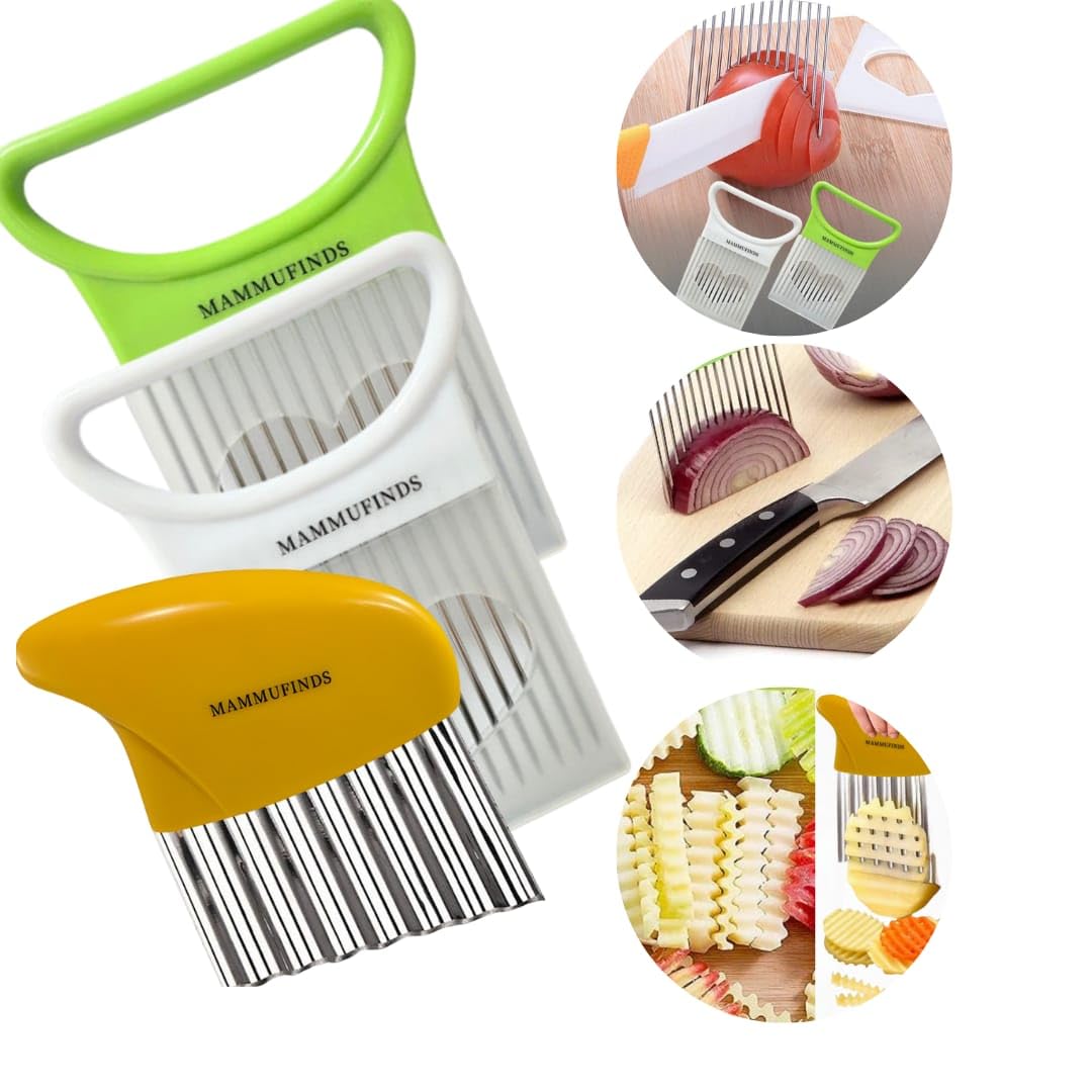 Potato slicer & Kitchen Gadgets, 1 Crinkle Cutter, 1 Onion Slicer, Stainless Steel Onion Holder, Vegetable, Avocado, Tomato,Mandoline Slicer, Fruit Cutter, wavy crinkle cutter for veggies,