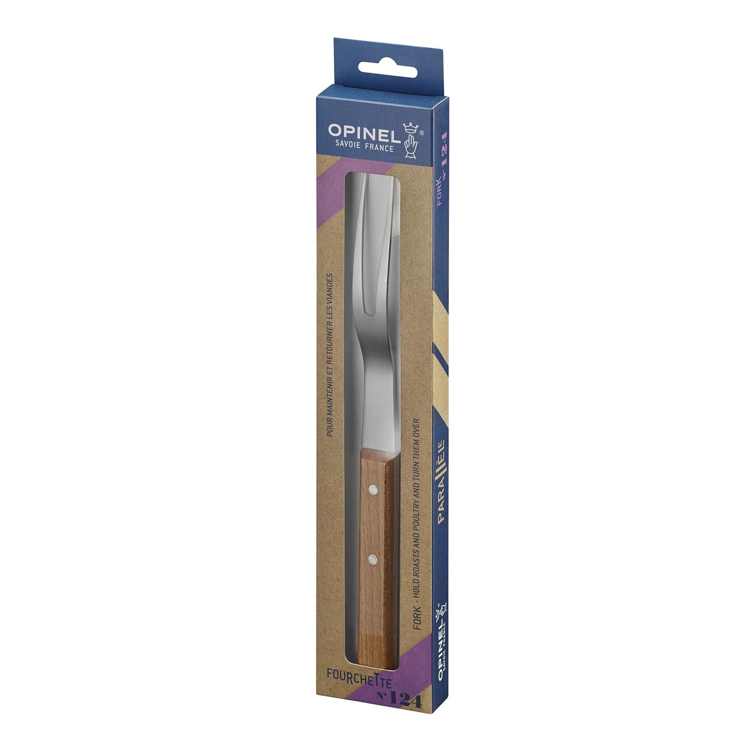 Opinel - N°124 Fourchette Parallèle - Lame 16 cm en Acier Inoxydable - Manche en Bois de Hêtre - Idéal pour Maintenir Viandes et Volailes - Garantie à Vie