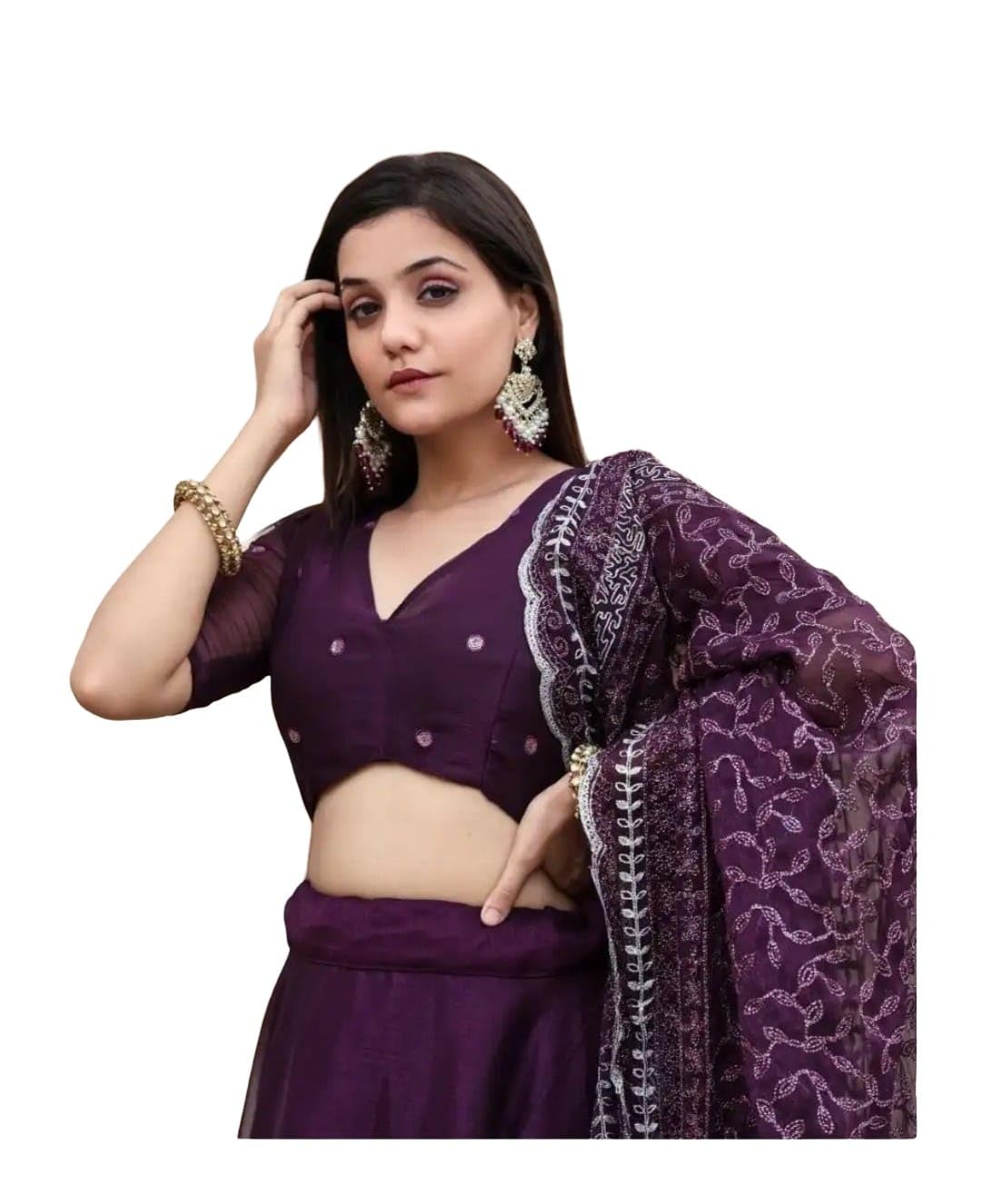 Women’s Georgette Lehenga Choli Set with Dupatta (Purple, Free Size)