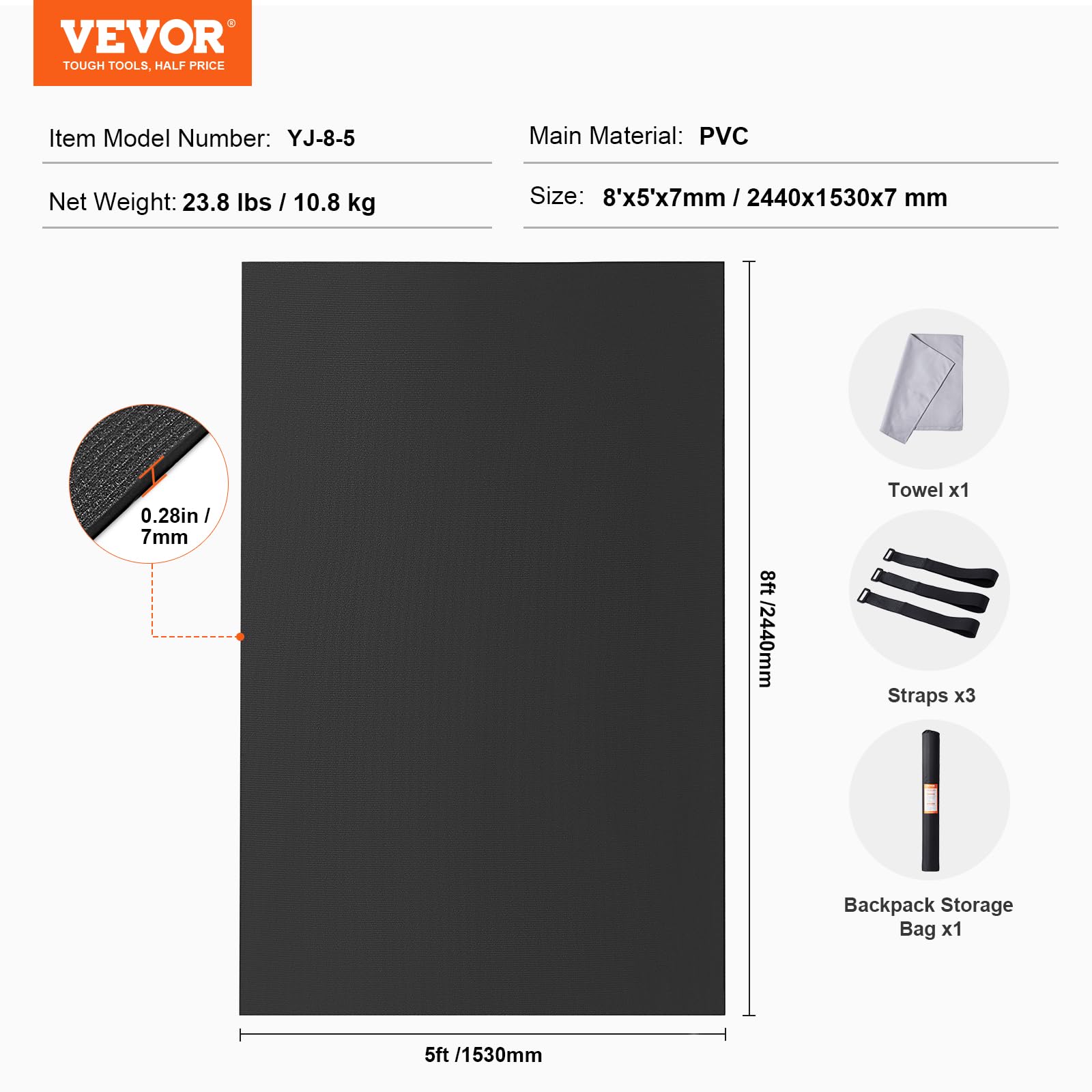VEVOR Esterilla de Yoga Antideslizante de Alta Densidad para Hombres y Mujeres Estera de Fitness y Ejercicio con Bolsa y Correa de Transporte para Yoga en Casa, Pilates y Entrenamiento, 2440x1530 mm