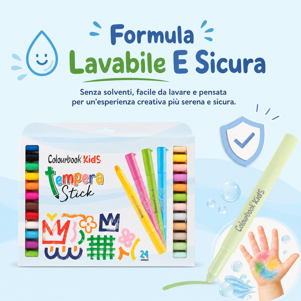 Colourbook Kids Set 24 Tempera Stick - Tempere Solide Lavabili per Bambini, Colori Vivaci Alta Coprenza, Asciugatura Rapida, Senza Solventi, Effetto Cera e Tempera