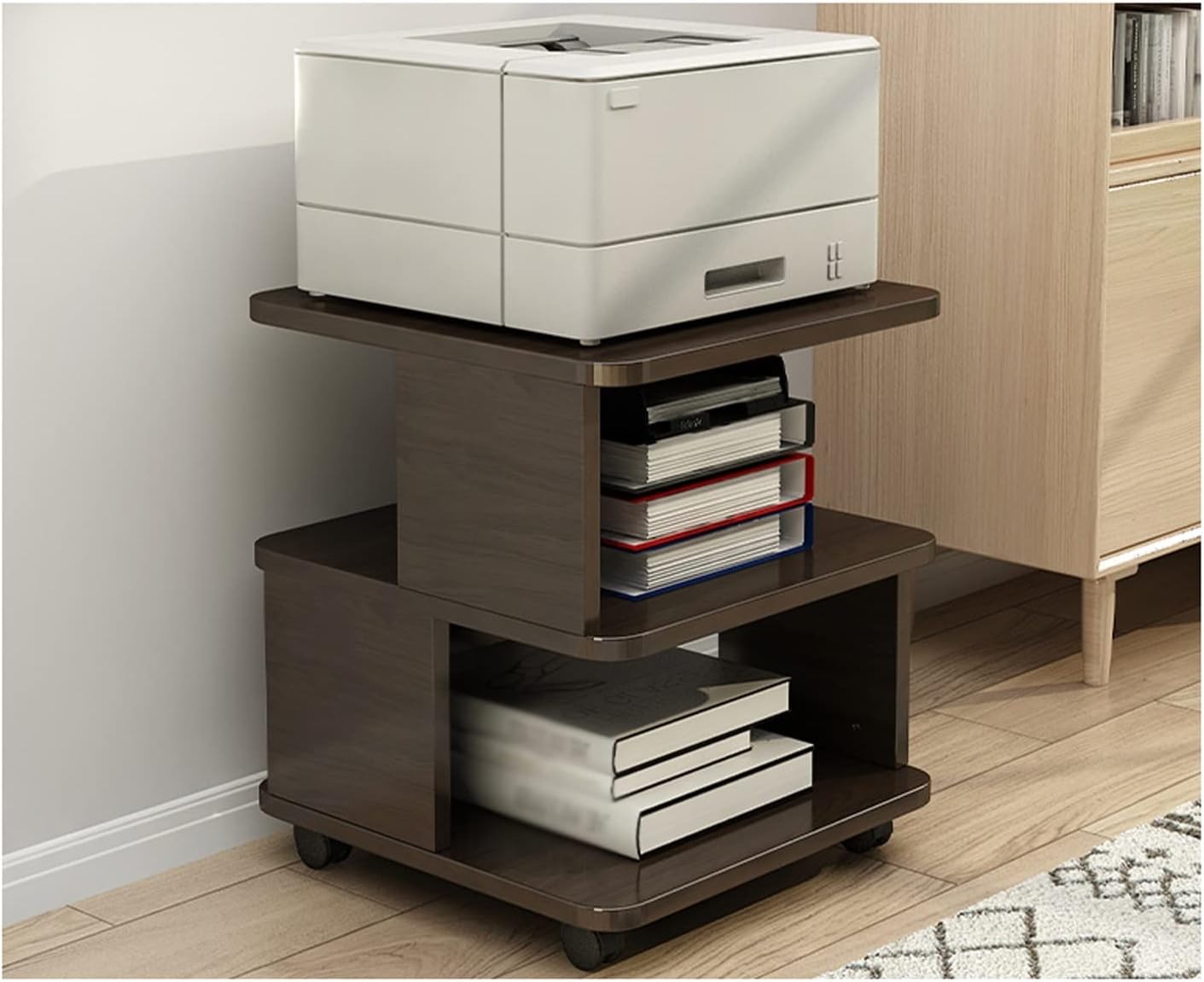 ArtRayPrinter Table Large Double Layer Printer Stand Printer Cart Floor Shelf Mobile Bracket Storage Under Desk Storage Cart on 4 Swivel Wheels for Home and Office (Dark brown) Printer Cart