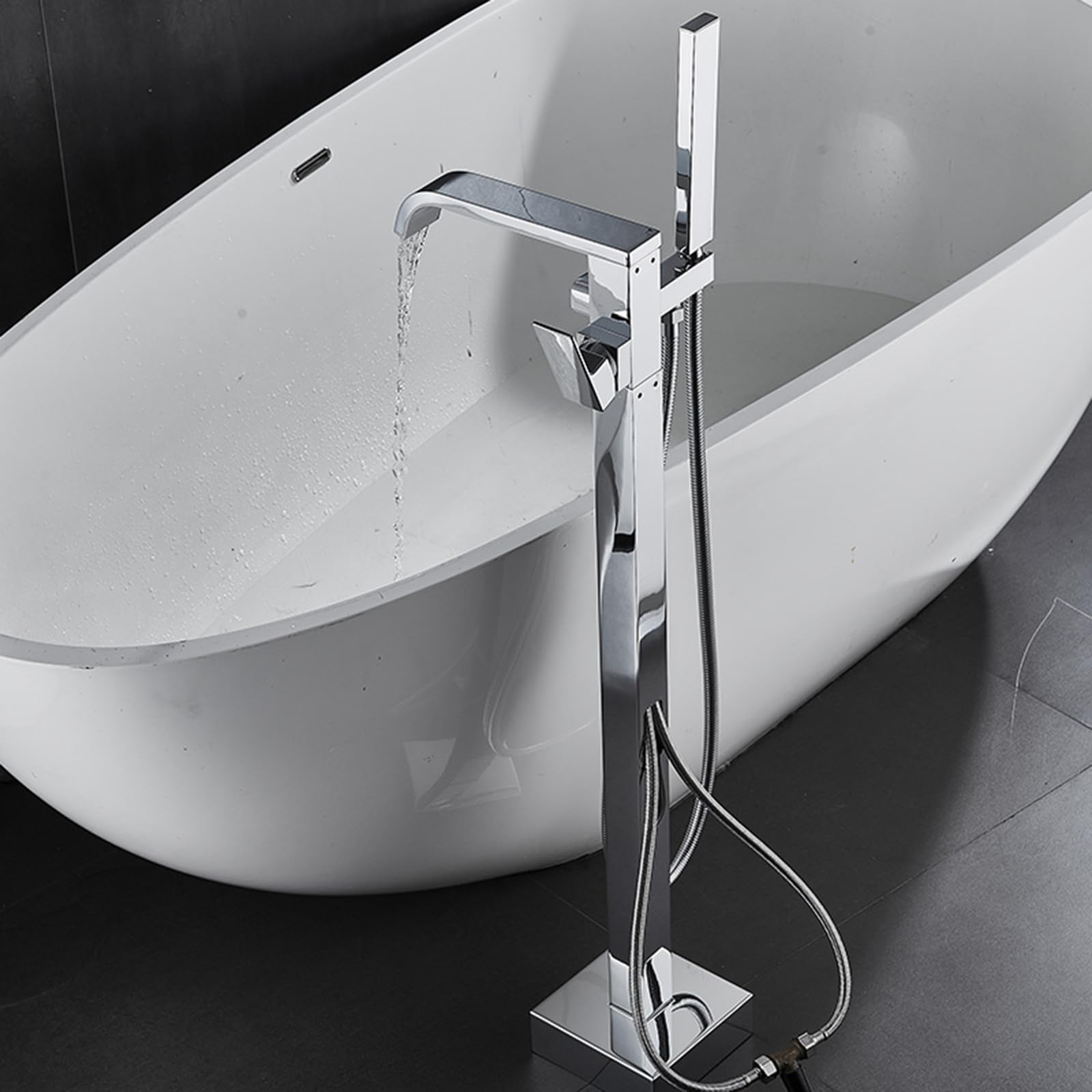 Grifo Mezclador de Bañera Y Ducha de Pie Grifos de Bañera Tipo Cascada Cromados Monomando de Latón con Ducha de Mano Grifo de Bañera de Pie Cromado